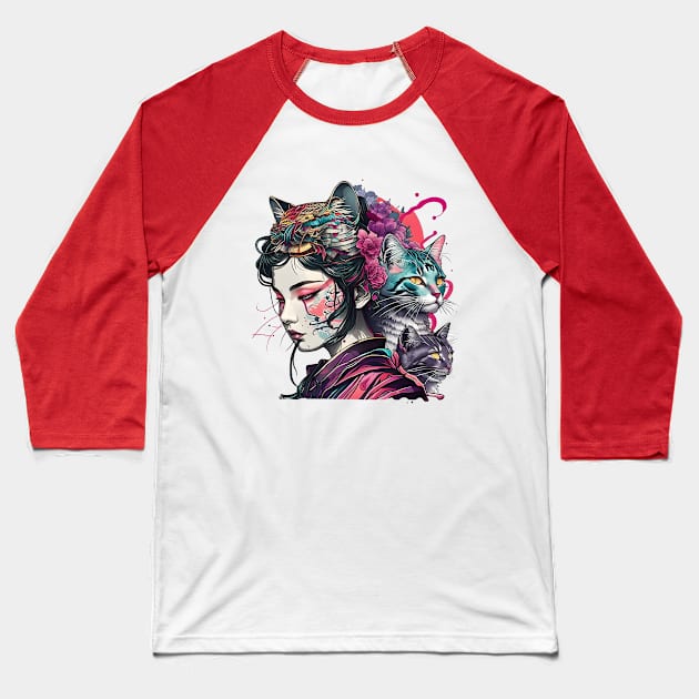 Japanese Geisha Cat Baseball T-Shirt by Deartexclusive